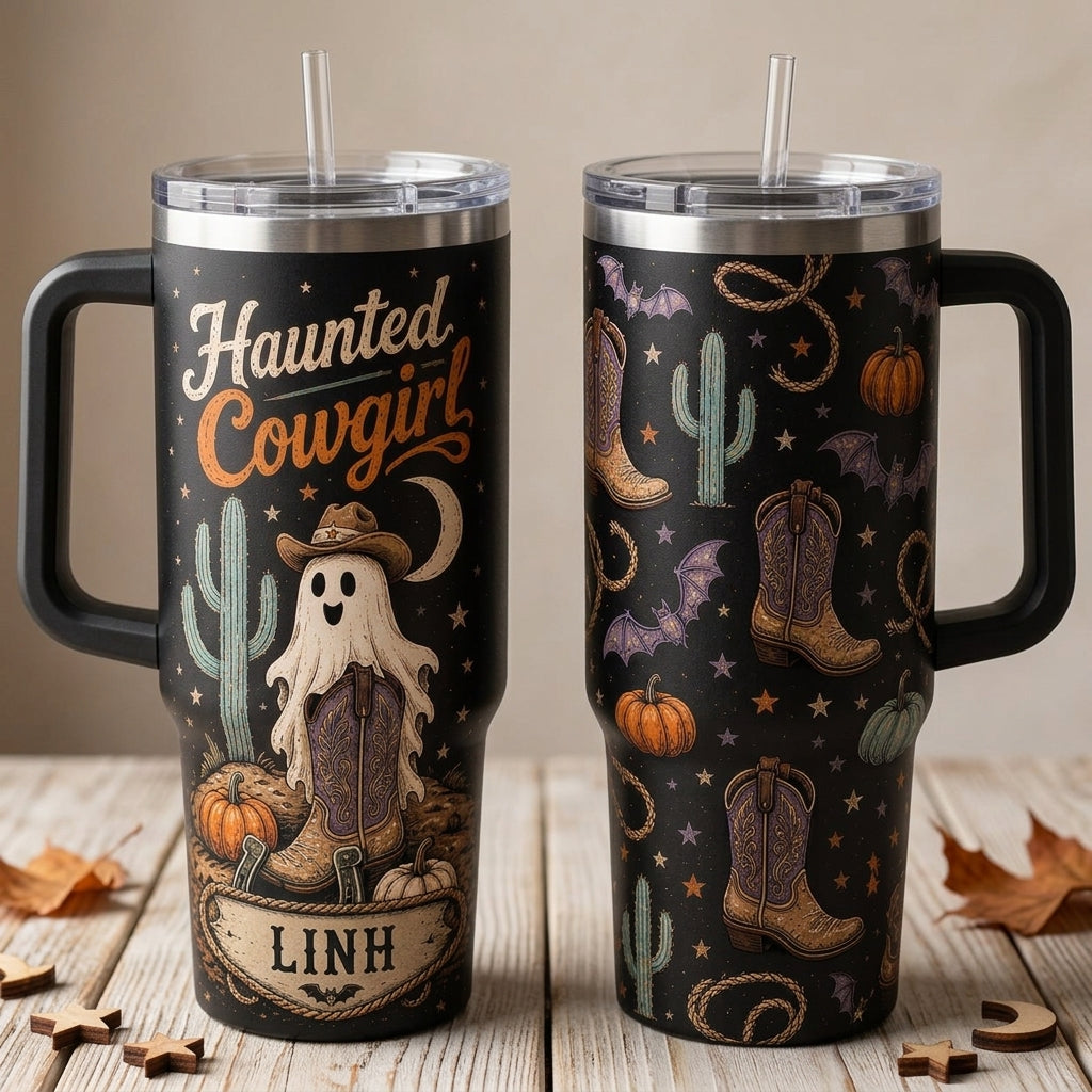 Personalized Haunted Cowgirl 40oz Tumbler with Handle - Custom Name Western Halloween Ghost Gift
