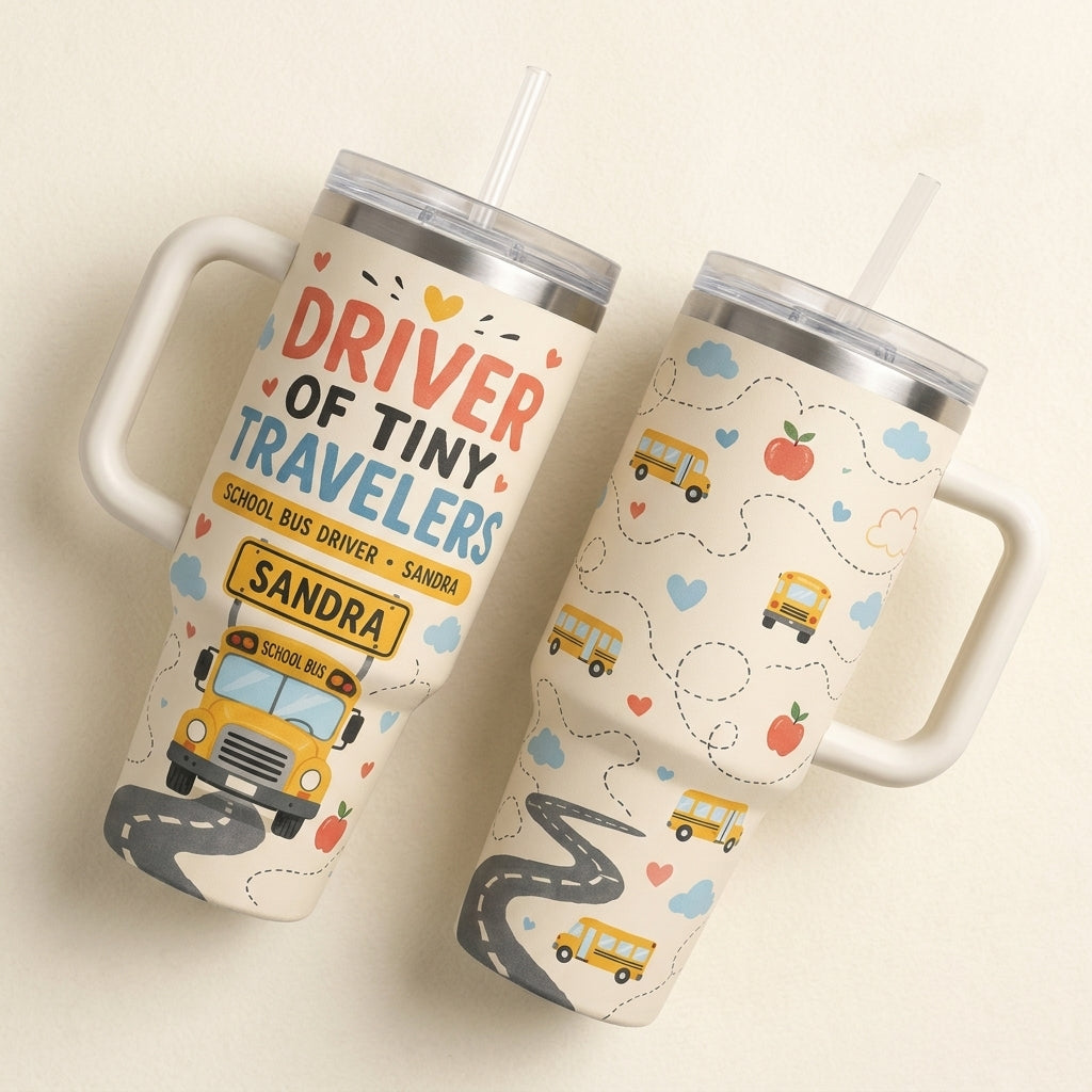 Personalized School Bus Driver 40oz Tumbler with Handle - Driver of Tiny Travelers Custom Name Gift