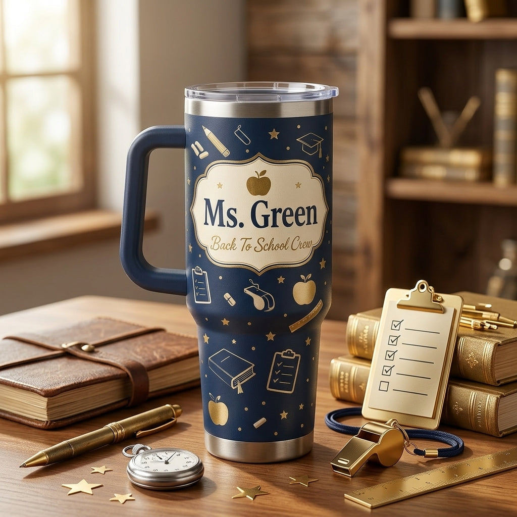 Personalized Teacher & Coach 40oz Tumbler with Handle - Custom School Staff Appreciation Gift - Navy and Gold