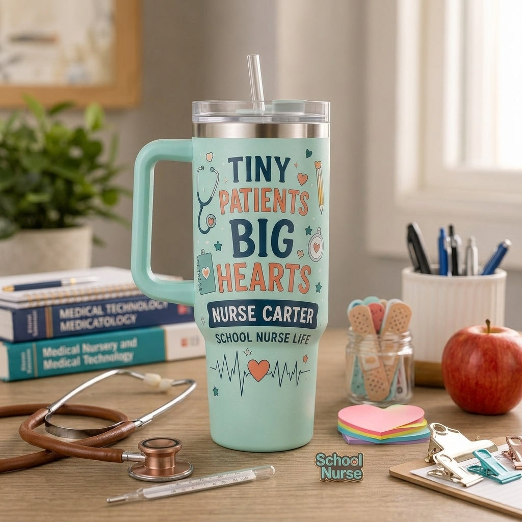 Personalized School Nurse 40oz Tumbler with Handle - Tiny Patients Big Hearts Custom Name Gift