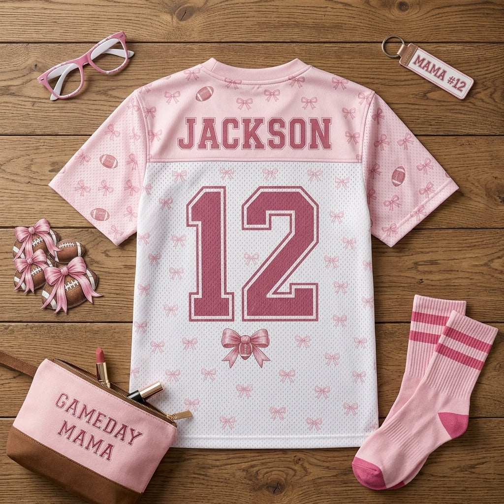 Personalized Football Mama Mesh Jersey - Custom Name and Number Coquette Pink Bow Sports Shirt