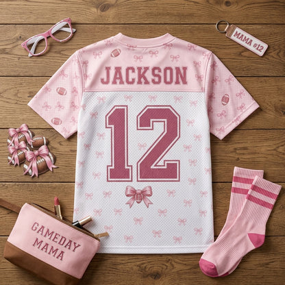 Personalized Football Mama Mesh Jersey - Custom Name and Number Coquette Pink Bow Sports Shirt