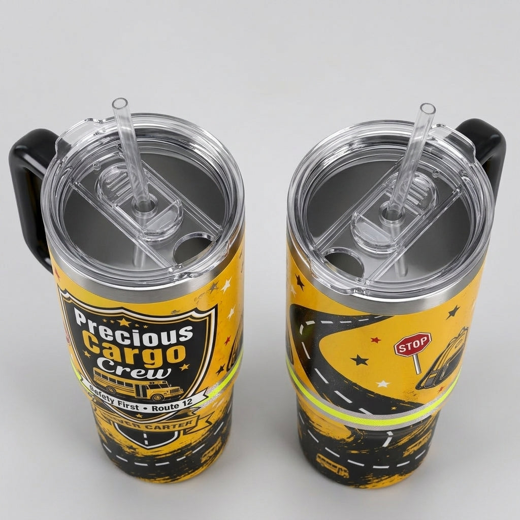 Personalized Precious Cargo Crew School Bus Driver 40oz Tumbler with Handle - Custom Name and Route Gift