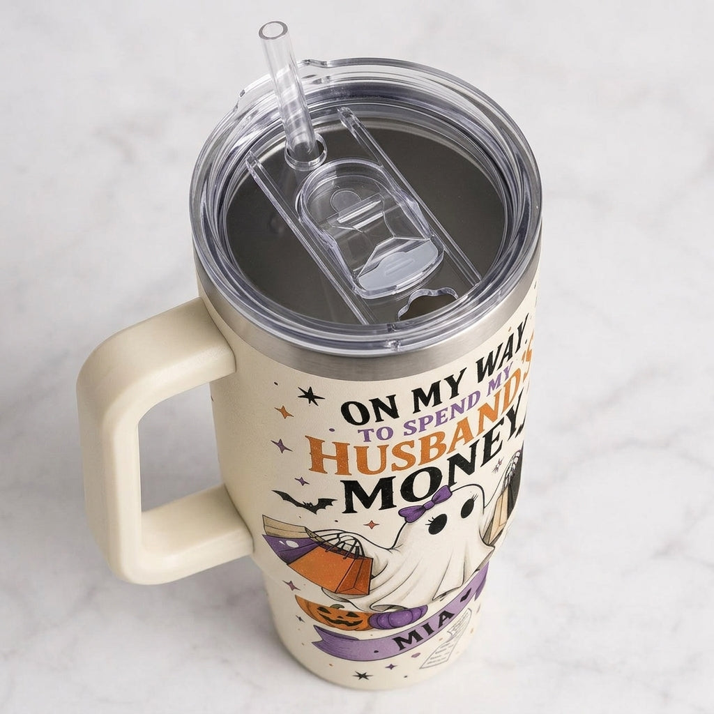 Personalized Spooky Ghost Shopping Tumbler 40oz with Handle - Custom Name Funny Halloween Gift for Wife