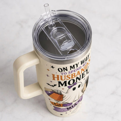 Personalized Spooky Ghost Shopping Tumbler 40oz with Handle - Custom Name Funny Halloween Gift for Wife