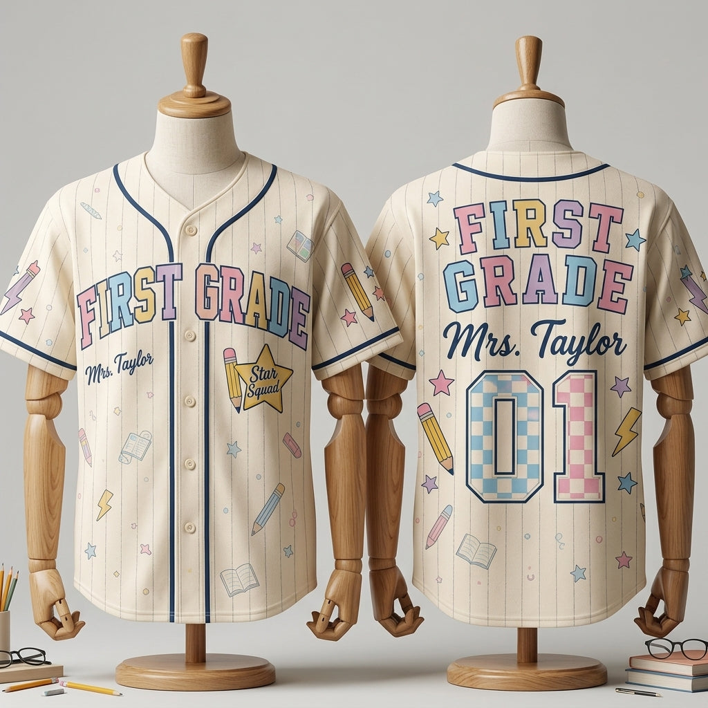 Personalized First Grade Teacher Baseball Jersey - Custom Mrs. Taylor Star Squad School Apparel