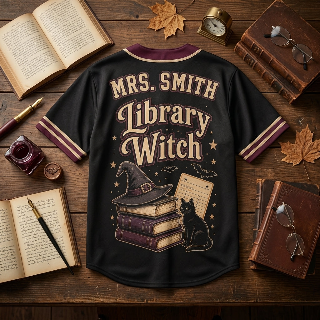 Personalized Library Witch Baseball Jersey - Custom Name Gift for Librarians & Book Lovers