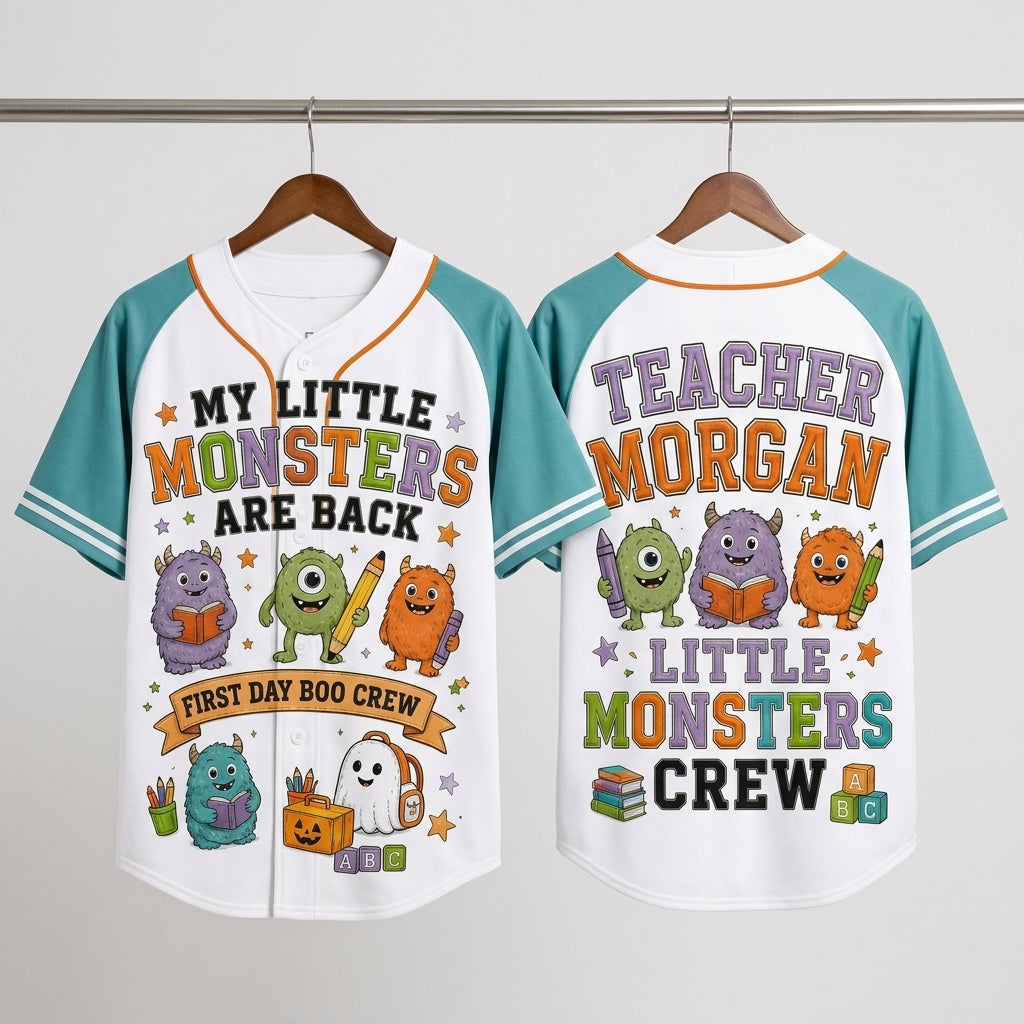 Personalized Teacher Little Monsters Crew Baseball Jersey - Custom Name Back to School First Day Boo Crew Shirt