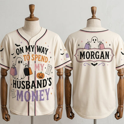 Personalized Spooky Shopping Ghost Baseball Jersey - Custom Name Funny Halloween Wife Gift Shirt