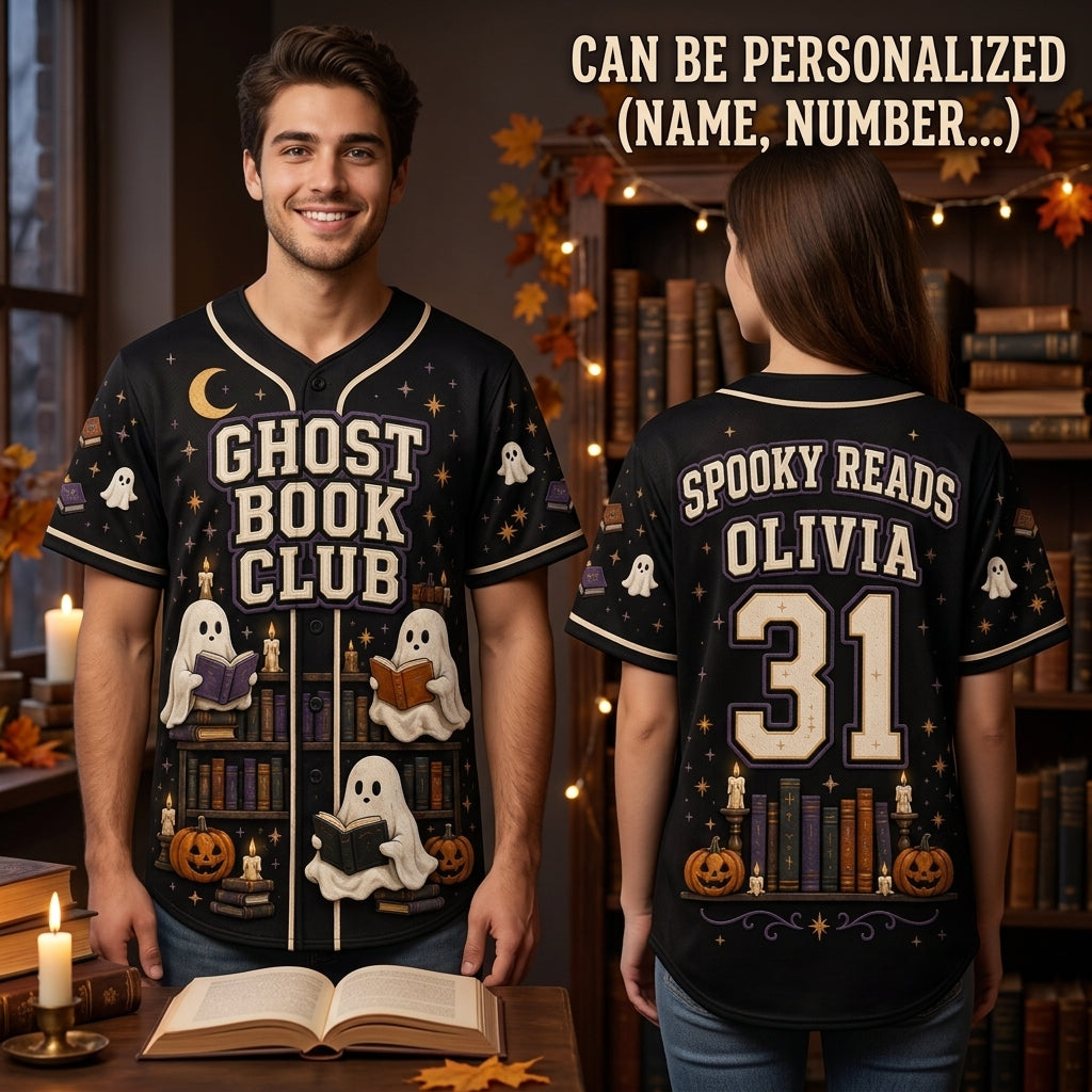 Personalized Ghost Book Club Baseball Jersey - Custom Name & Number Spooky Reads Halloween Shirt for Book Lovers
