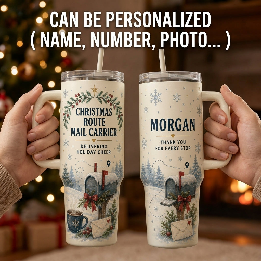 Personalized Christmas Route Mail Carrier 40oz Tumbler with Handle, Custom Name Postal Worker Gift