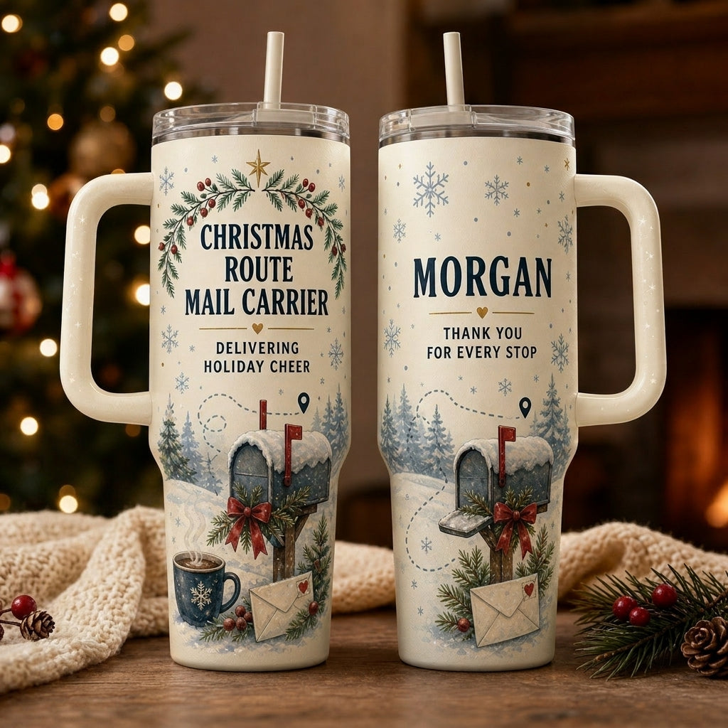 Personalized Christmas Route Mail Carrier 40oz Tumbler with Handle, Custom Name Postal Worker Gift