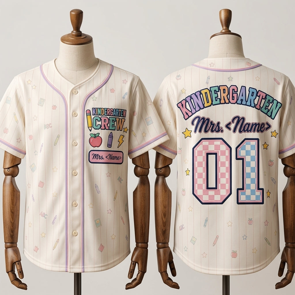 Personalized Kindergarten Crew Baseball Jersey - Custom Teacher Name and Number Back to School Spirit Shirt