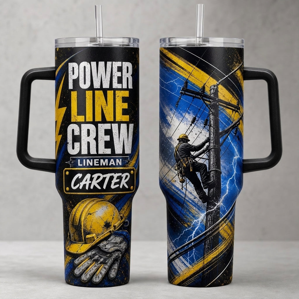 Personalized Power Line Crew Lineman 40oz Tumbler with Handle, Custom Name Gift for Electrician