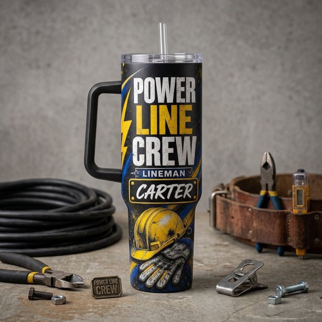 Personalized Power Line Crew Lineman 40oz Tumbler with Handle, Custom Name Gift for Electrician