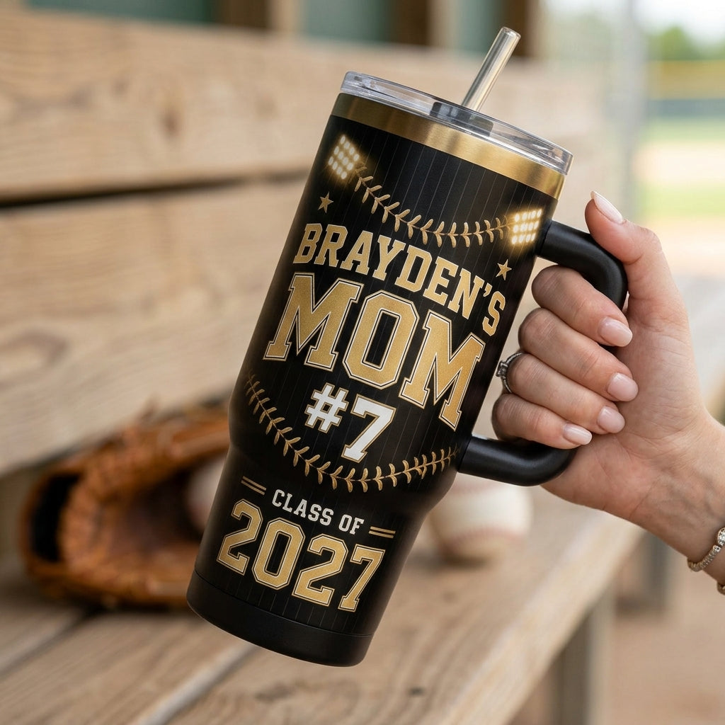 Personalized Baseball Senior Mom 40oz Tumbler with Handle - Custom Player Name & Number Senior Night Gift