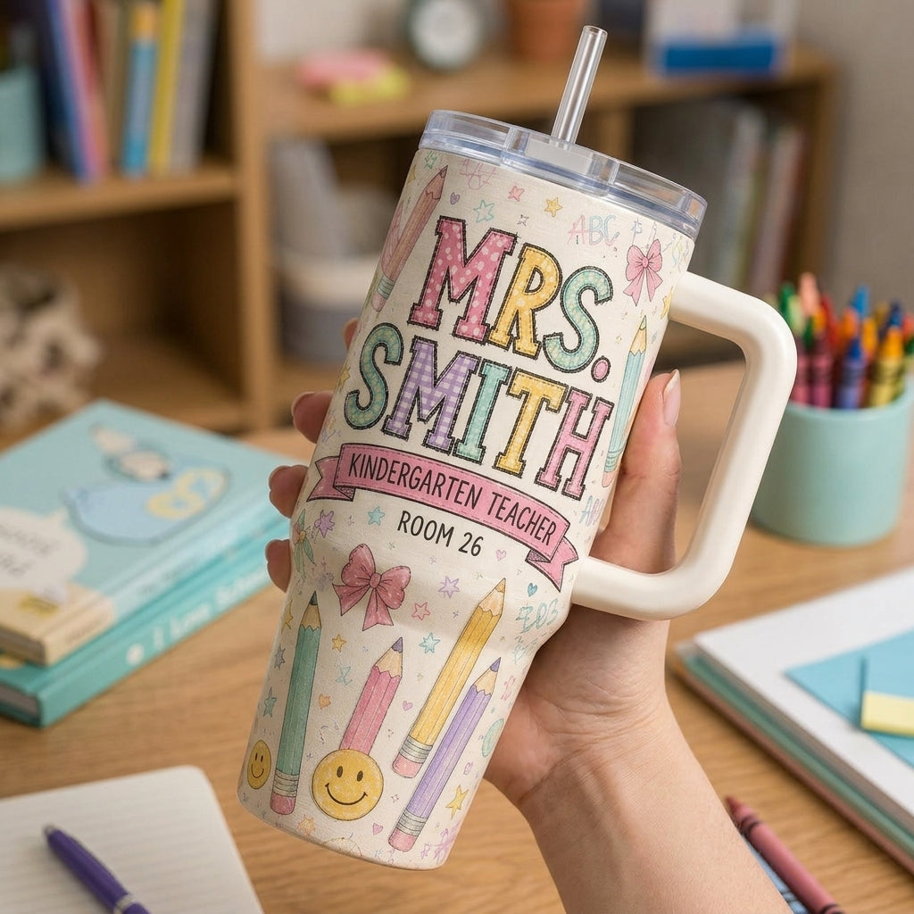 Personalized Teacher 40oz Tumbler with Handle - Custom Name & Grade Kindergarten Teacher Gift