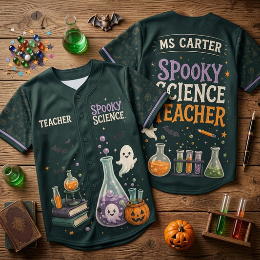 Personalized Spooky Science Teacher Baseball Jersey - Custom Name Halloween STEM Educator Apparel