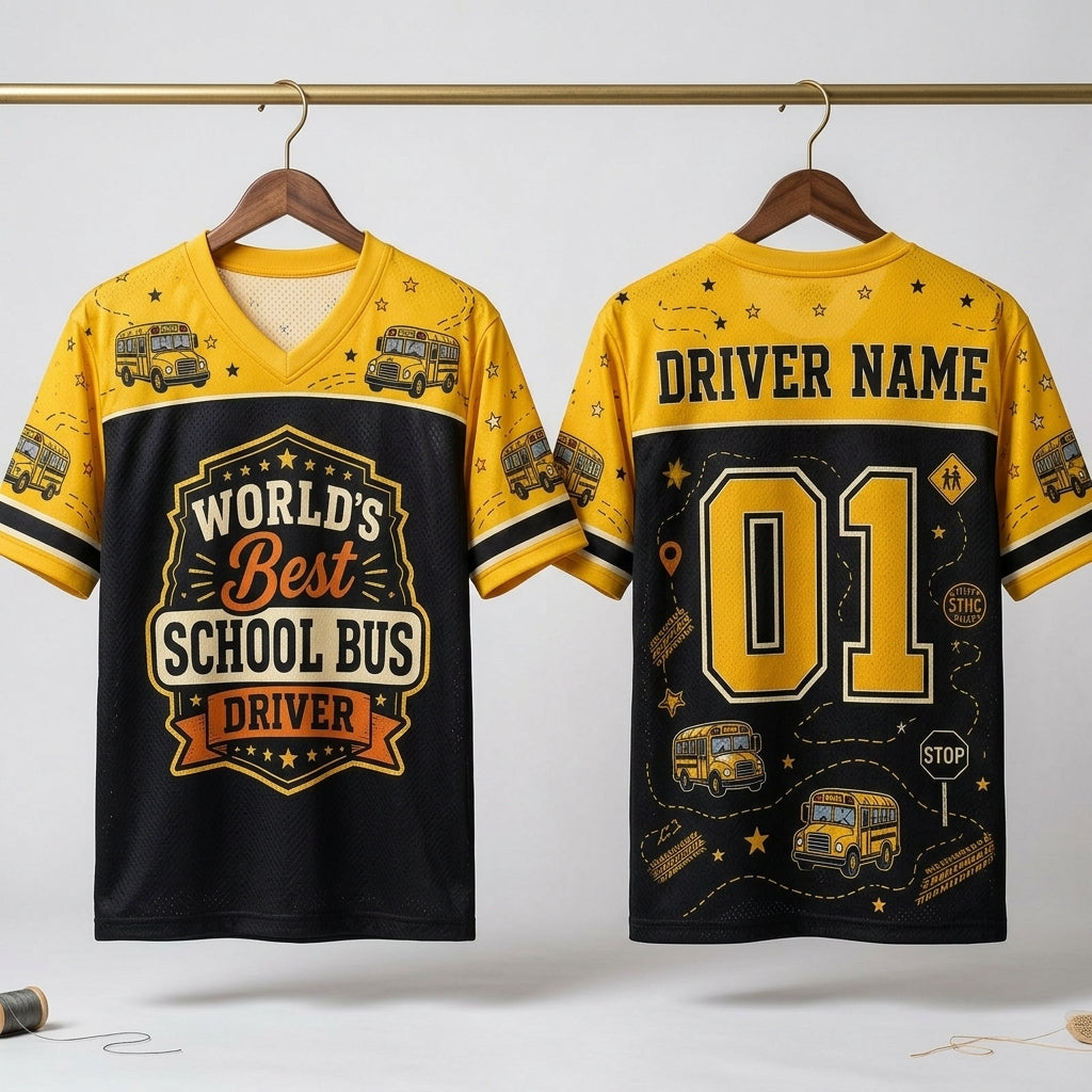 Personalized World's Best School Bus Driver Football Jersey - Custom Name and Number Mesh Sports Shirt