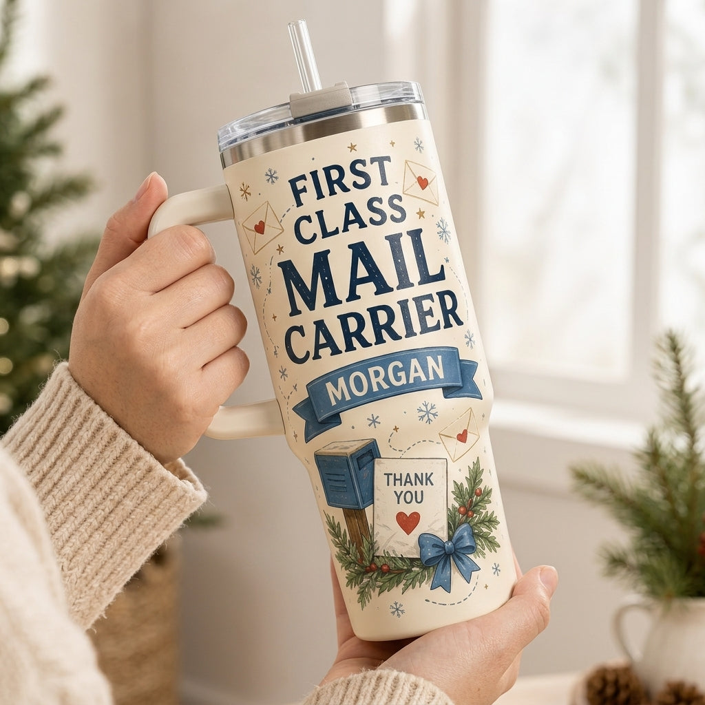 Personalized Mail Carrier 40oz Tumbler with Handle - Custom Postal Worker Gift - Delivering Joy Holiday Travel Mug