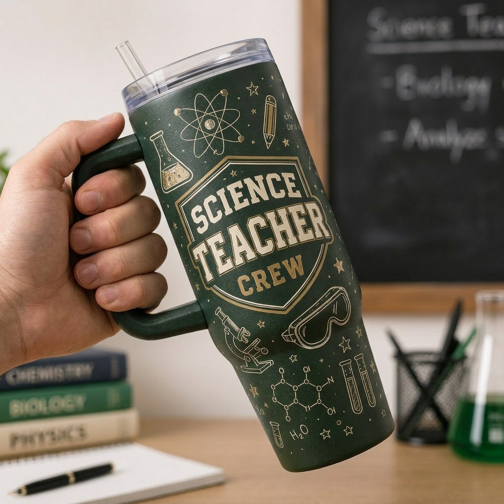 Personalized Science Teacher Crew 40oz Tumbler with Handle - Custom Name Curiosity Club Gift