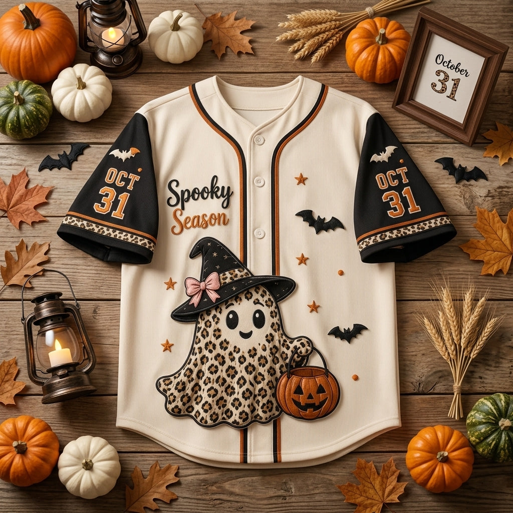 Personalized Spooky Season Halloween Baseball Jersey - Custom Name Leopard Print Ghost Haunt Crew Button Down