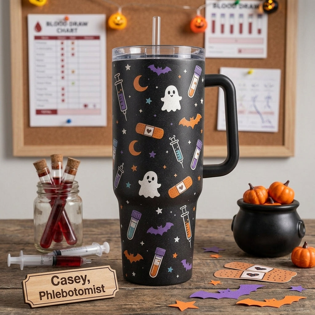 Personalized Phlebotomist Spooky Blood Draw Crew 40oz Tumbler with Handle, Custom Name Halloween Medical Gift