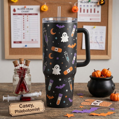 Personalized Phlebotomist Spooky Blood Draw Crew 40oz Tumbler with Handle, Custom Name Halloween Medical Gift