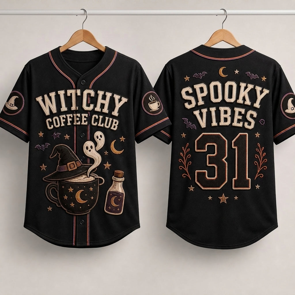 Personalized Witchy Coffee Club Baseball Jersey - Spooky Vibes Halloween Custom Name and Number Sportswear product view 3