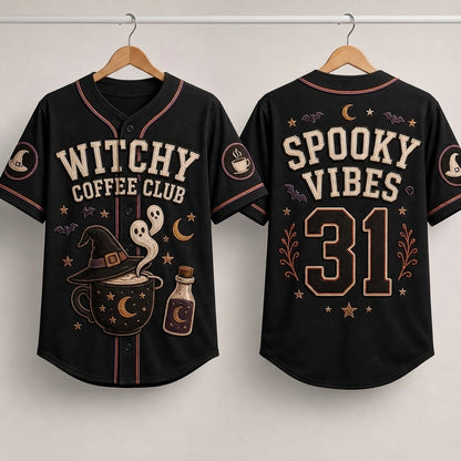 Personalized Witchy Coffee Club Baseball Jersey - Spooky Vibes Halloween Custom Name and Number Sportswear product view 3