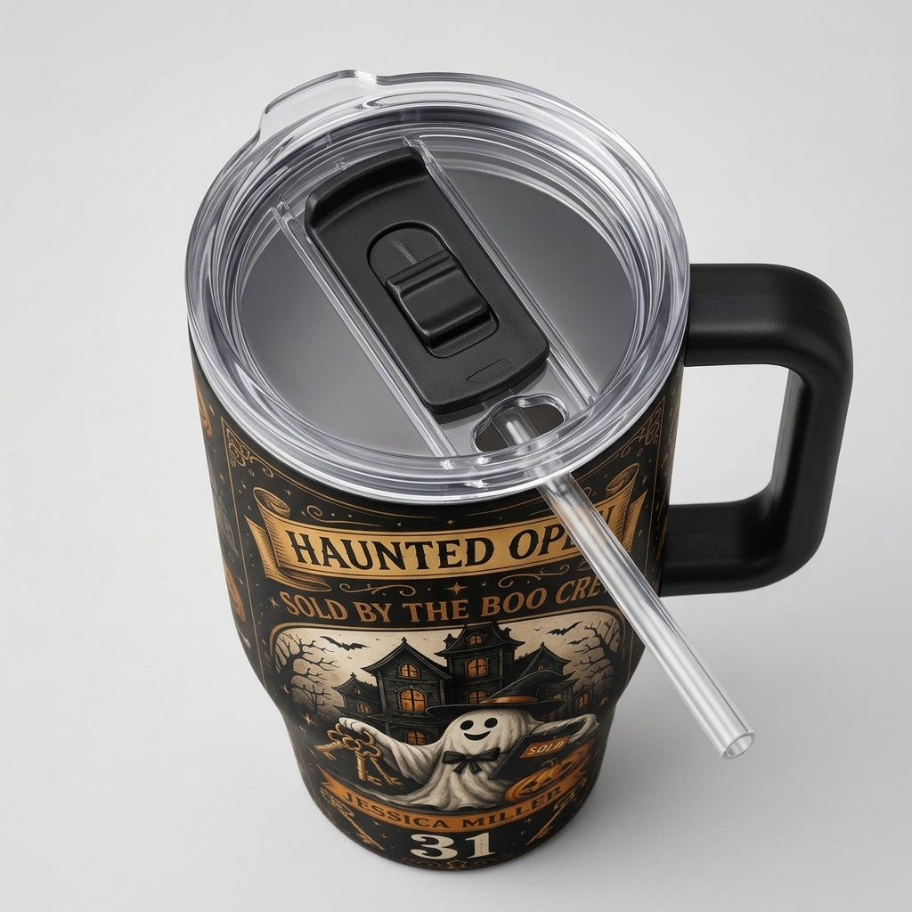 Personalized Haunted Open House Real Estate 40oz Tumbler with Handle - Custom Realtor Halloween Gift