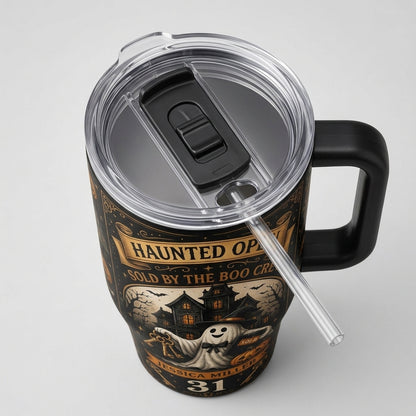 Personalized Haunted Open House Real Estate 40oz Tumbler with Handle - Custom Realtor Halloween Gift