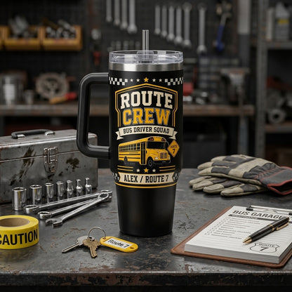 Personalized Bus Driver 40oz Tumbler with Handle - Route Crew Bus Garage Squad Custom Name Gift