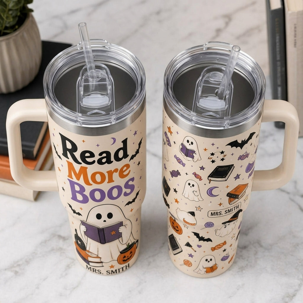 Personalized Read More Boos 40oz Tumbler with Handle, Custom Name Ghost Book Lover Gift, Insulated Halloween Mug