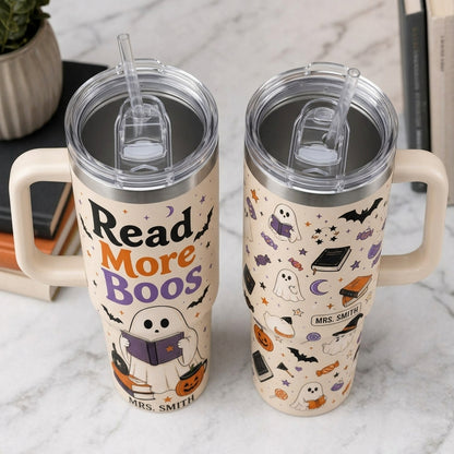 Personalized Read More Boos 40oz Tumbler with Handle, Custom Name Ghost Book Lover Gift, Insulated Halloween Mug