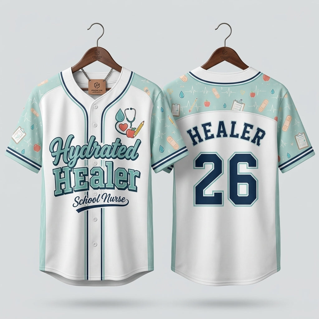 Personalized Hydrated Healer School Nurse Baseball Jersey - Custom Name and Number Athletic Shirt