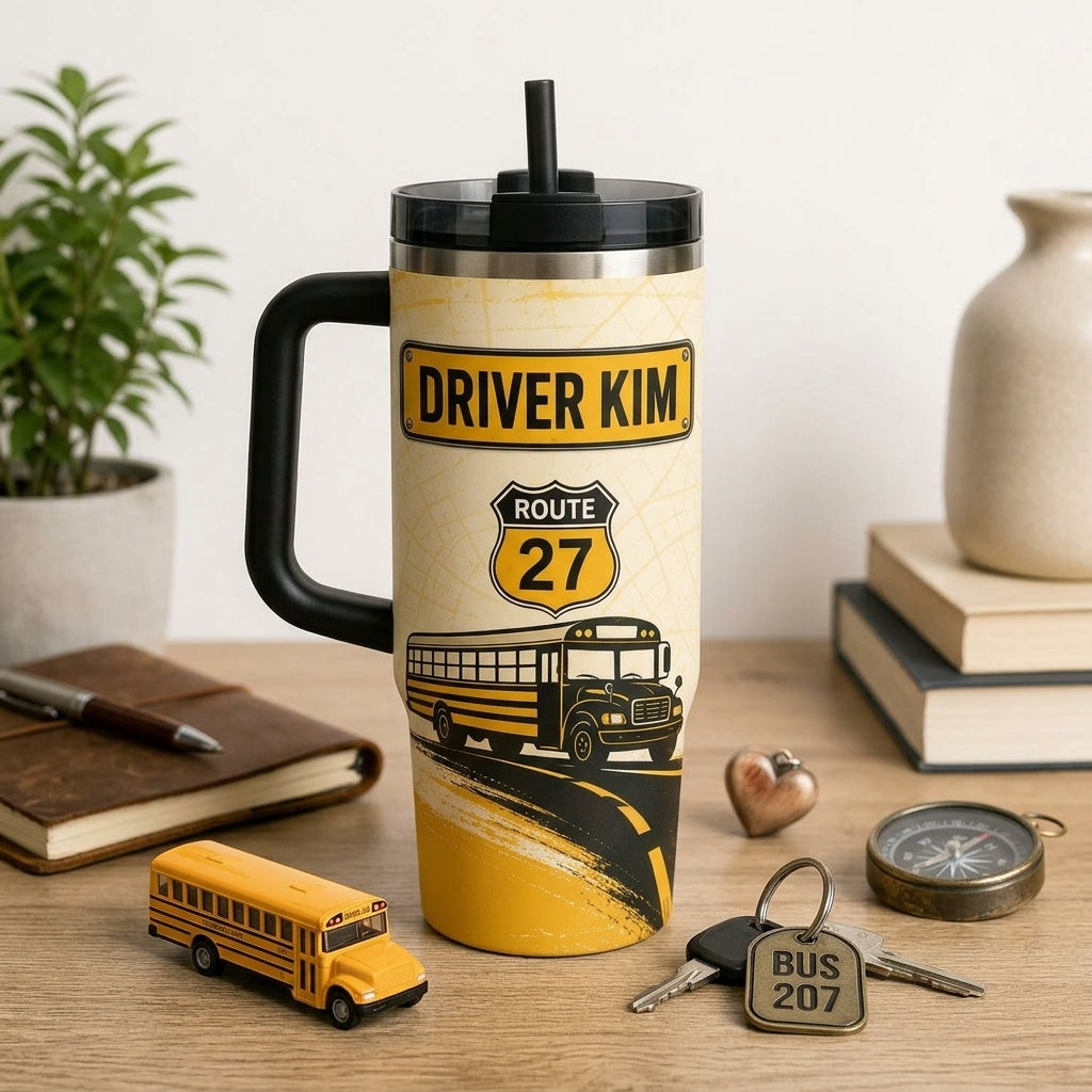 Personalized School Bus Driver 40oz Tumbler with Handle - Custom Name & Route Safe Rides Crew Gift
