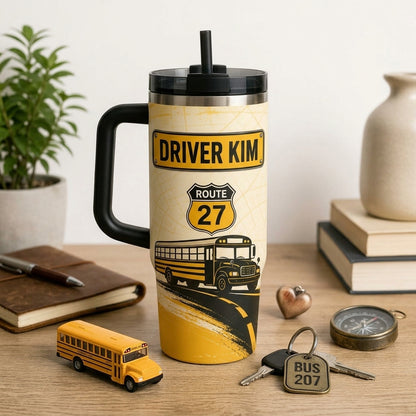 Personalized School Bus Driver 40oz Tumbler with Handle - Custom Name & Route Safe Rides Crew Gift