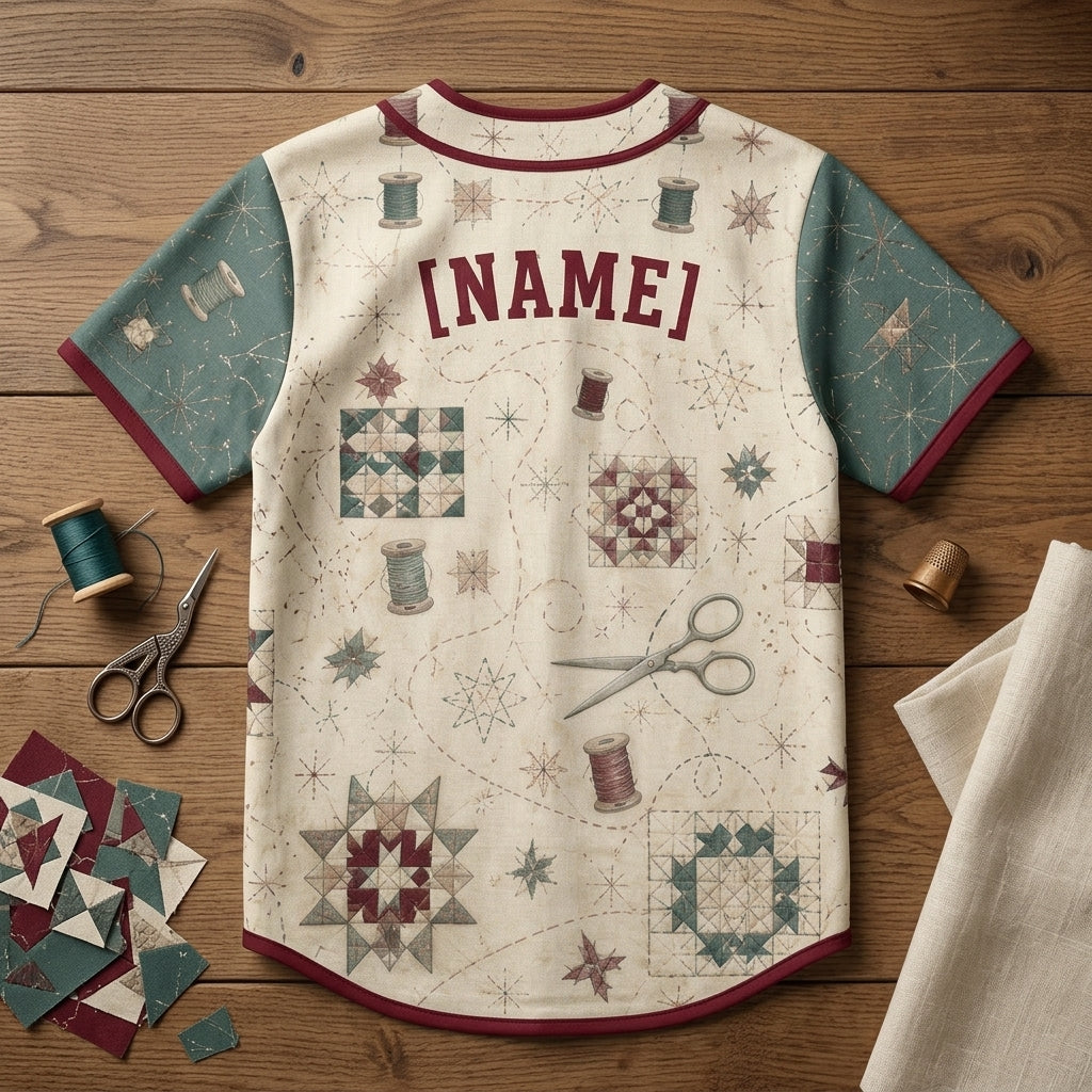 Personalized Quilting Pattern Baseball Jersey - Custom Name Sewing & Crafting Enthusiast Button-Up Shirt