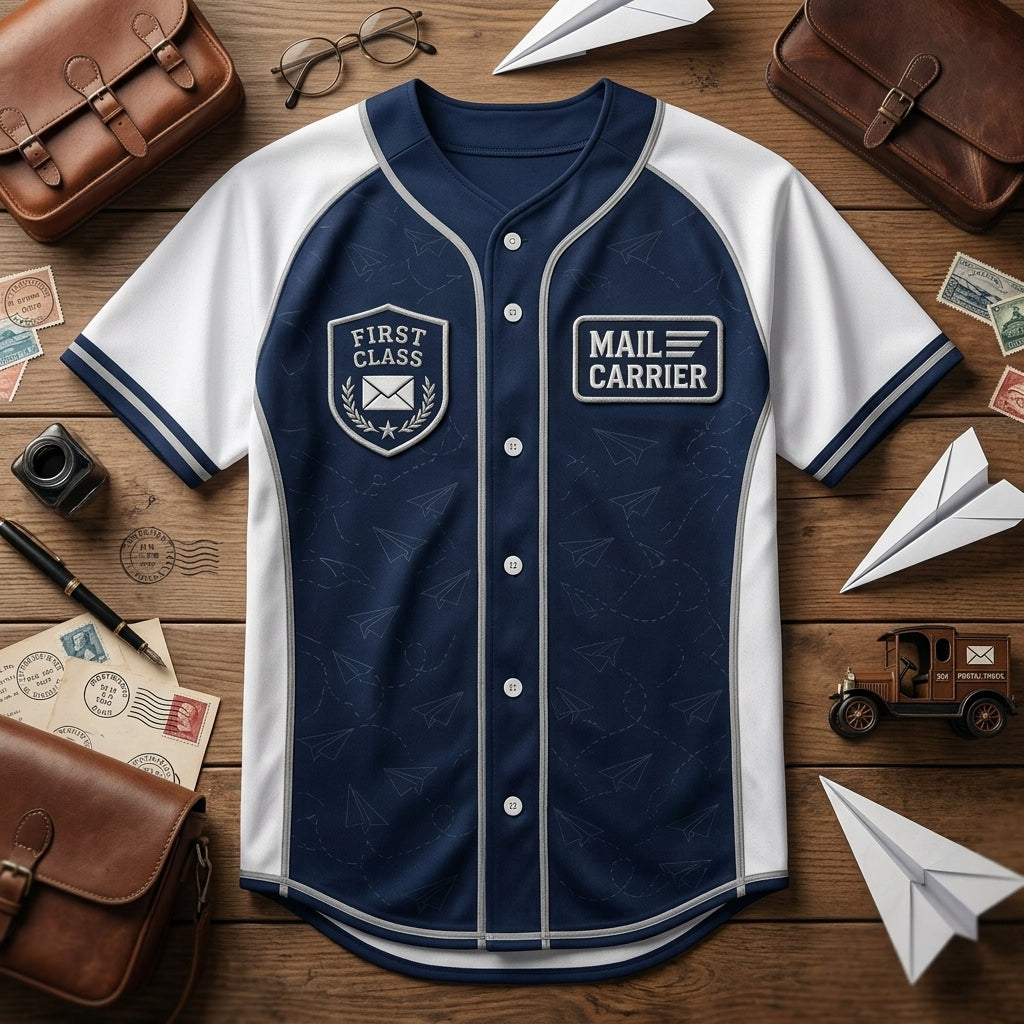 Personalized Mail Carrier Baseball Jersey - Custom Name First Class Postal Worker Gift - Navy Sporty Athleisure