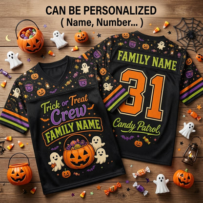 Personalized Halloween Football Jersey - Custom Family Name Trick or Treat Crew Candy Patrol Sports Shirt