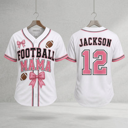 Personalized Football Mama Baseball Jersey - Custom Name and Number White & Pink Athletic Shirt for Moms
