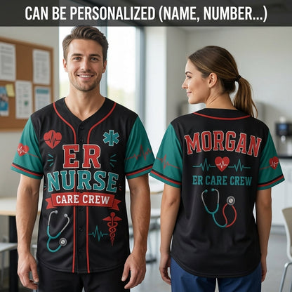 Personalized ER Nurse Care Crew Baseball Jersey - Custom Name Medical Professional Gift for Nursing Teams
