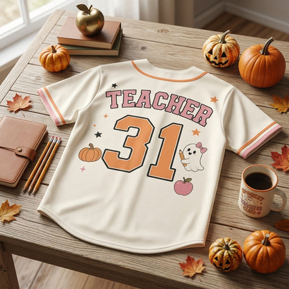 Personalized Spooky Teacher Club Baseball Jersey - Custom Ghost Halloween Teacher Gift - Retro Athletic Shirt