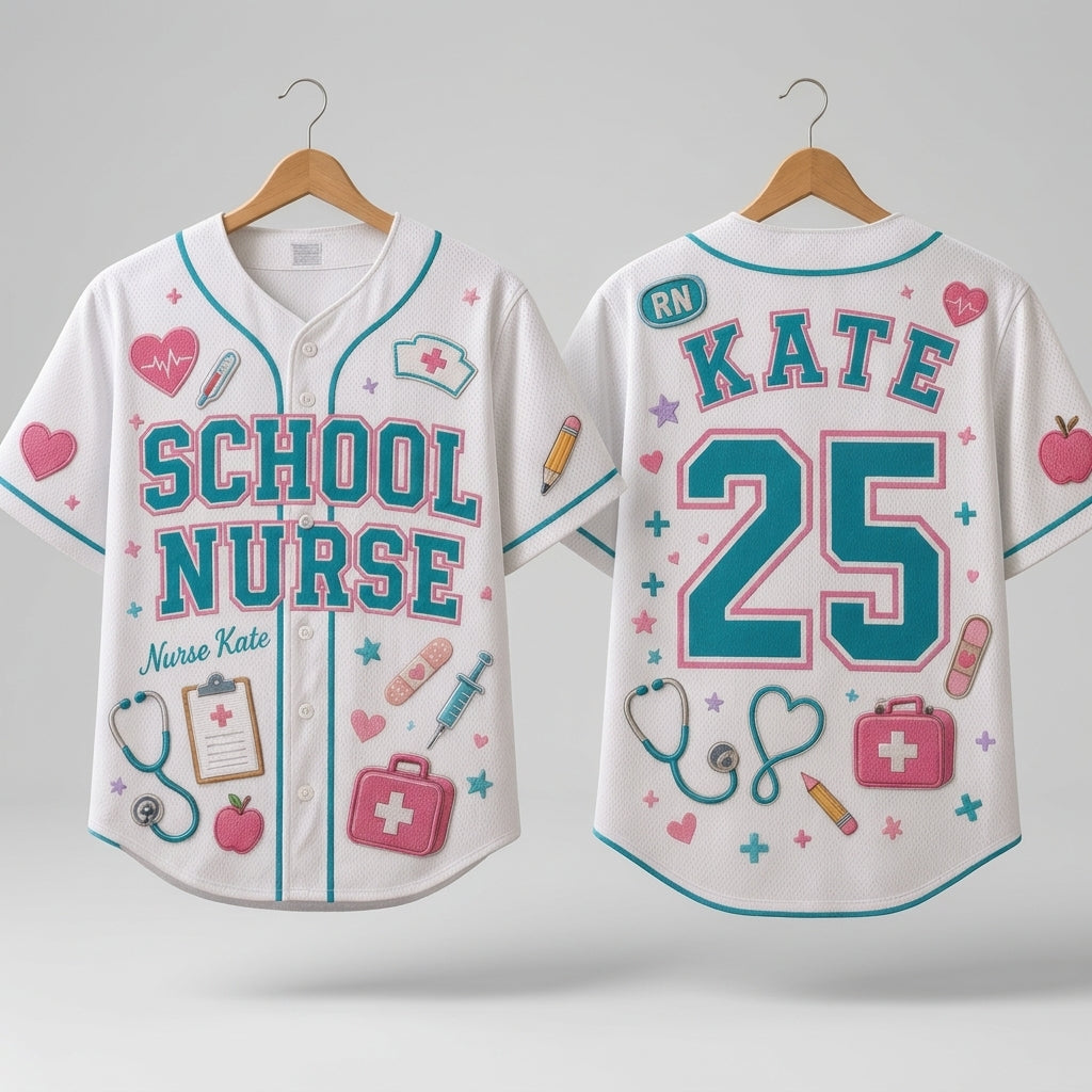Personalized School Nurse Baseball Jersey - Custom Name and Number RN Medical Team Shirt - White Athletic Jersey