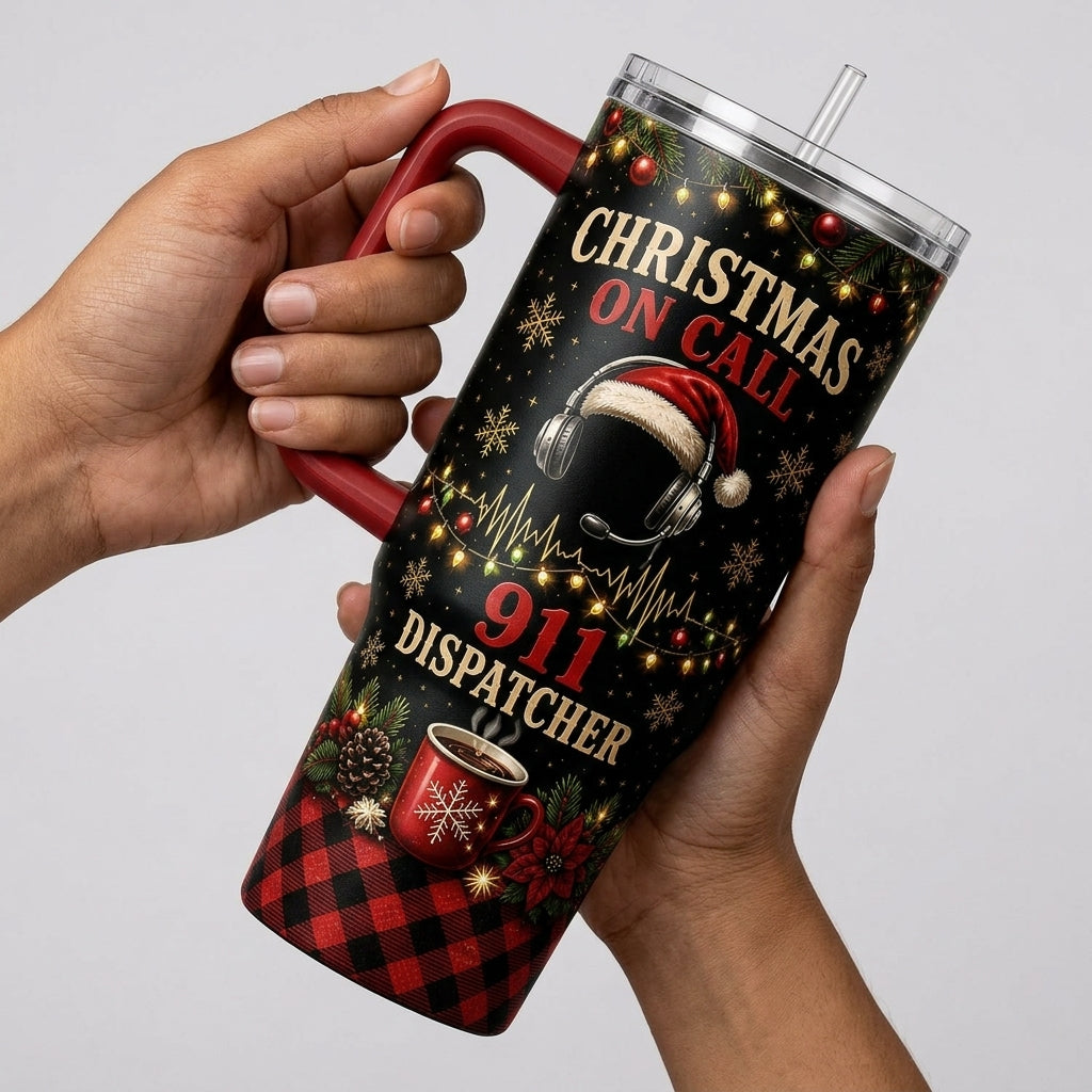 Personalized 911 Dispatcher Christmas 40oz Tumbler with Handle, Custom Name Holiday Gift