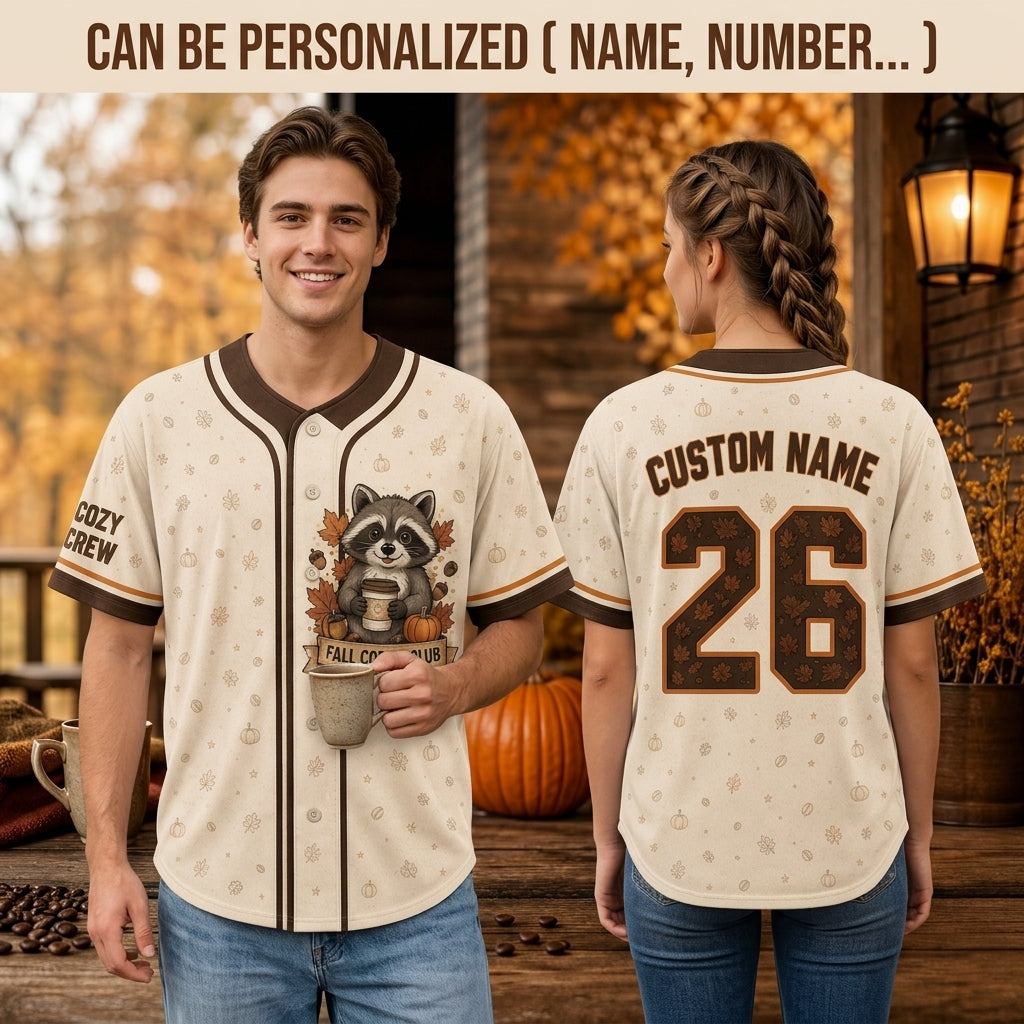 Personalized Fall Coffee Club Raccoon Baseball Jersey - Custom Name & Number Cozy Autumn Apparel for Coffee Lovers