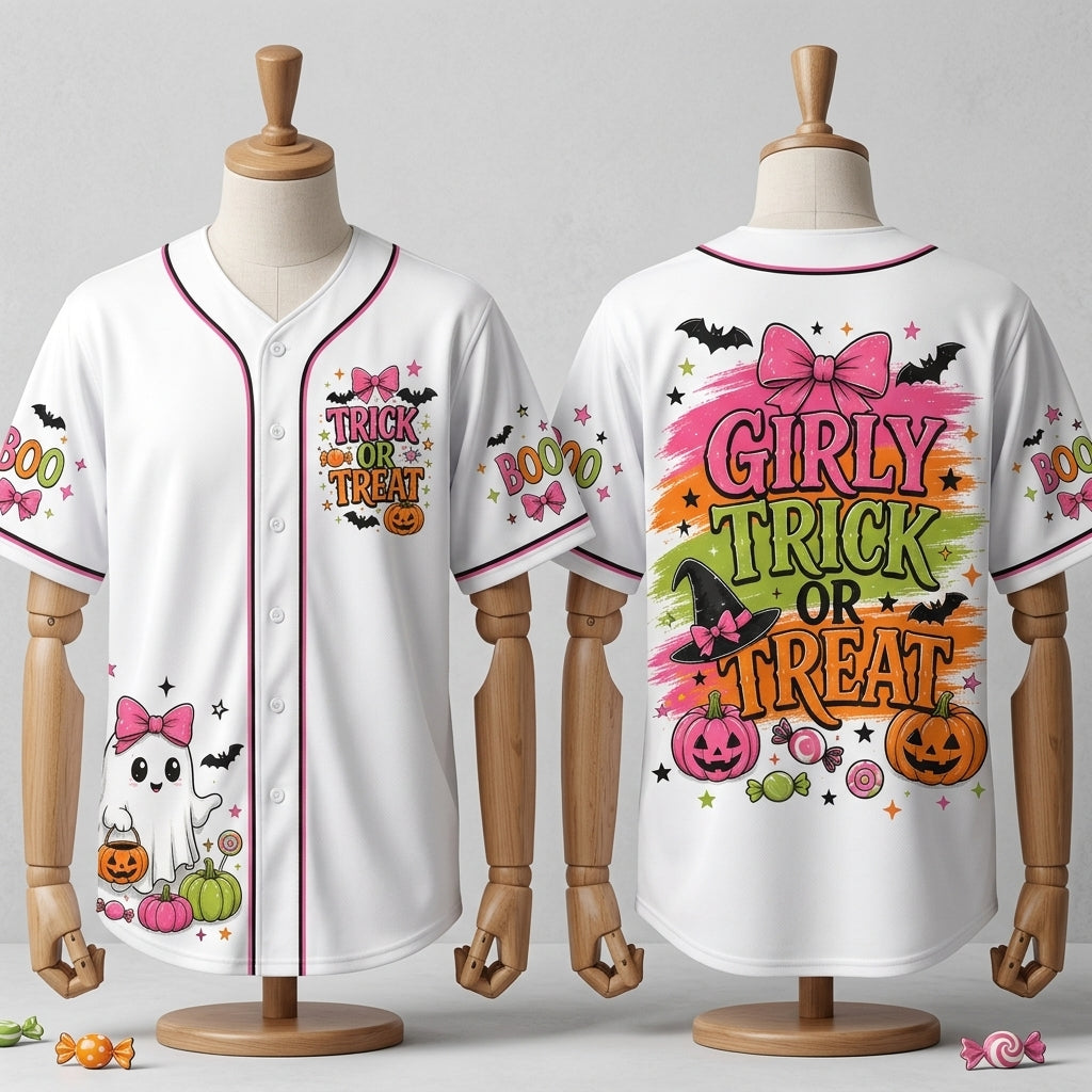 Girly Trick or Treat Halloween Baseball Jersey - Cute Ghost & Pink Pumpkin Spooky Season Shirt