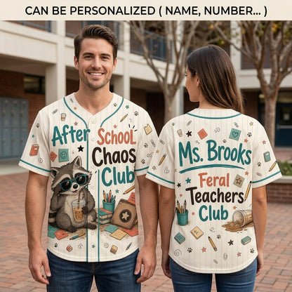 Personalized Feral Teachers Club Baseball Jersey - Custom Name After School Chaos Club Raccoon Teacher Gift