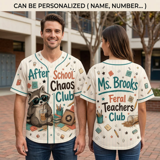 Personalized Feral Teachers Club Baseball Jersey - Custom Name After School Chaos Club Raccoon Teacher Gift